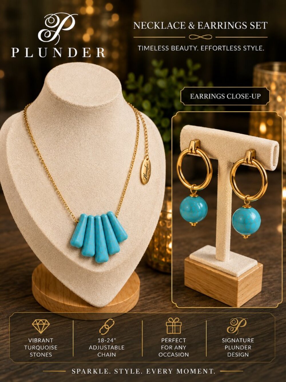 PLUNDER Turquoise Statement Necklace & Hoop Earrings Set